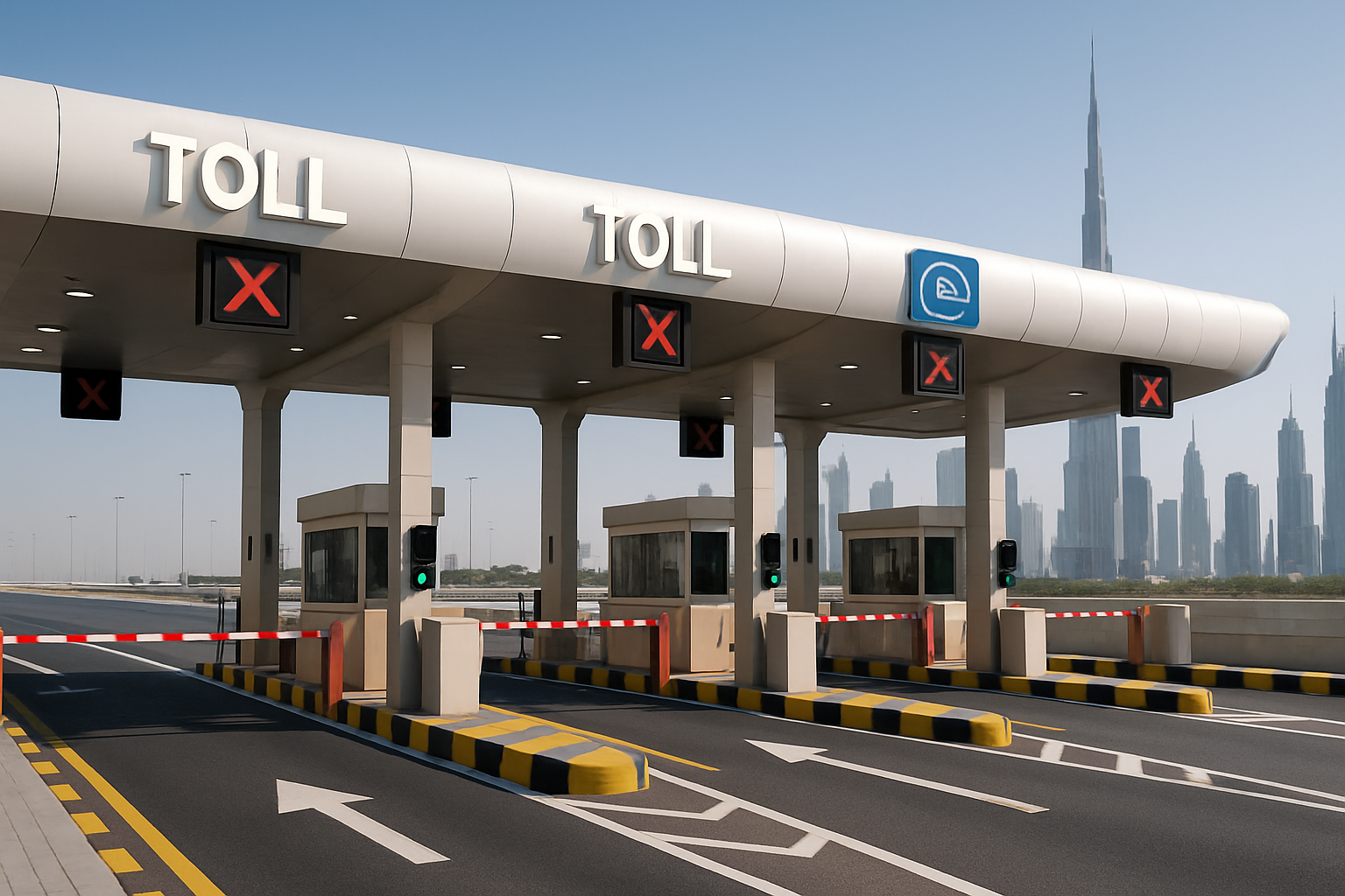 Modern toll plaza in Dubai with advanced electronic payment systems
